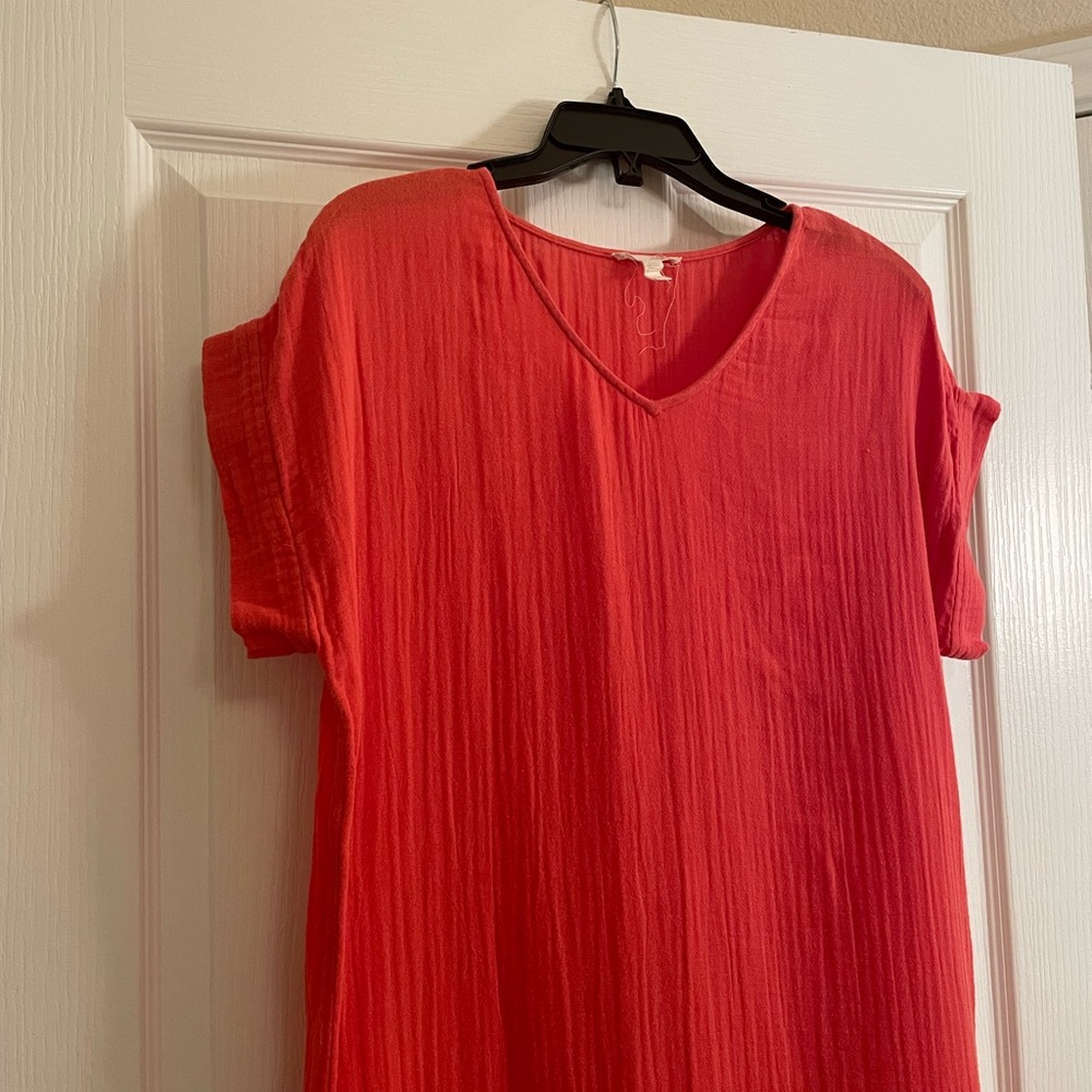 EILEEN FISHER Organic Cotton Gauze V-Neck Short Sleeved Dress in Orange - Picture 6 of 8